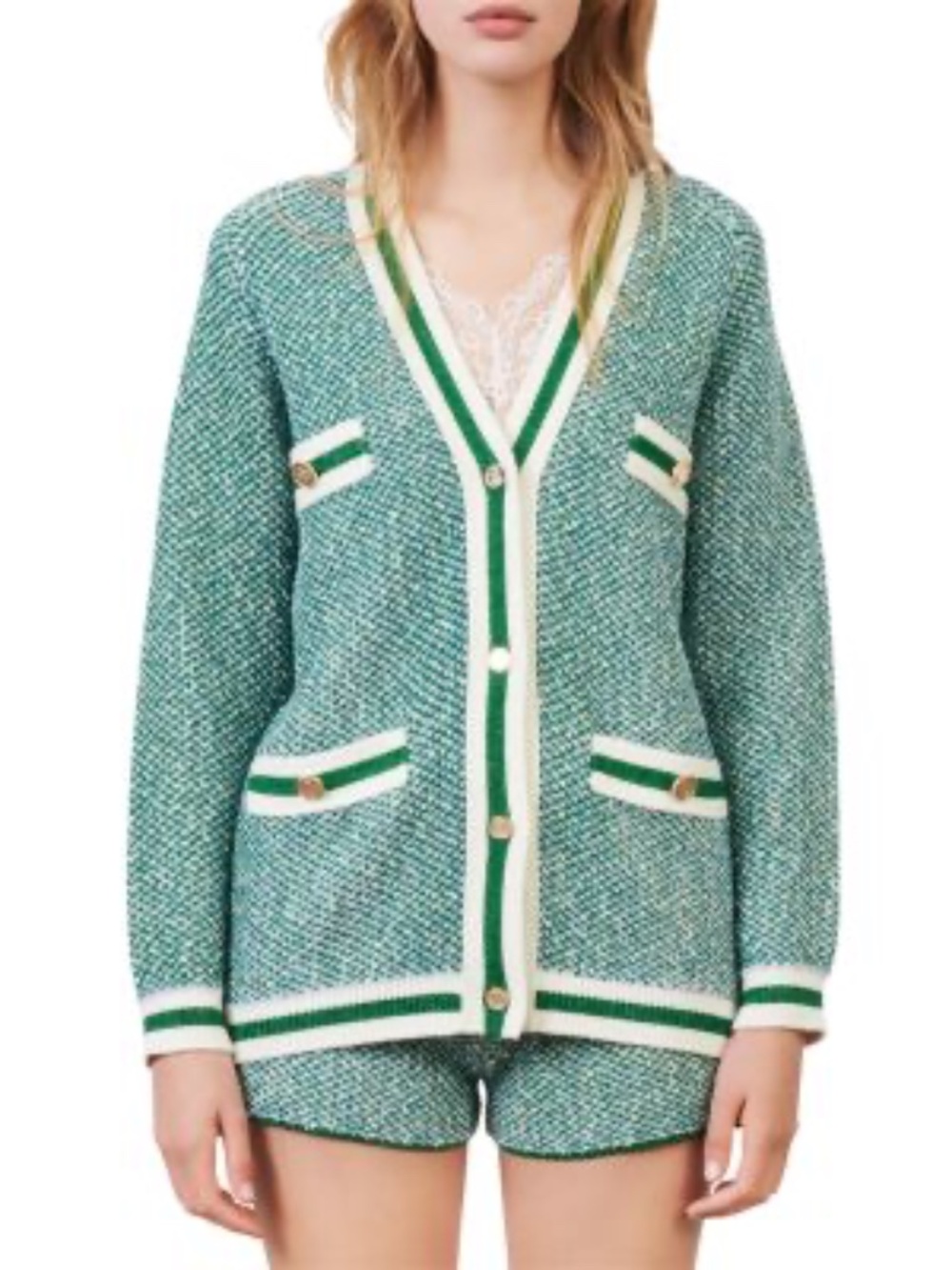 Maje Maitresse Metallic Knit Cardigan Green Ecru Lurex Size 3 Large